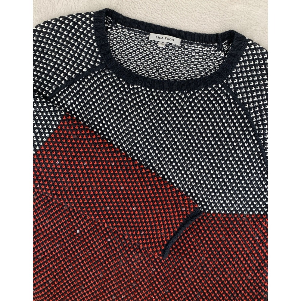 Lisa Todd Sweater Womens Medium Black Red Cotton Cashmere‎ Sequins Lightweight